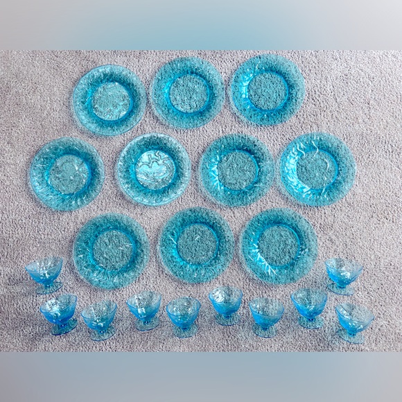 Seneca Glass Company Morgantown Peacock Blue RARE Set of 10 Plates + 10 Glasses - Picture 1 of 9